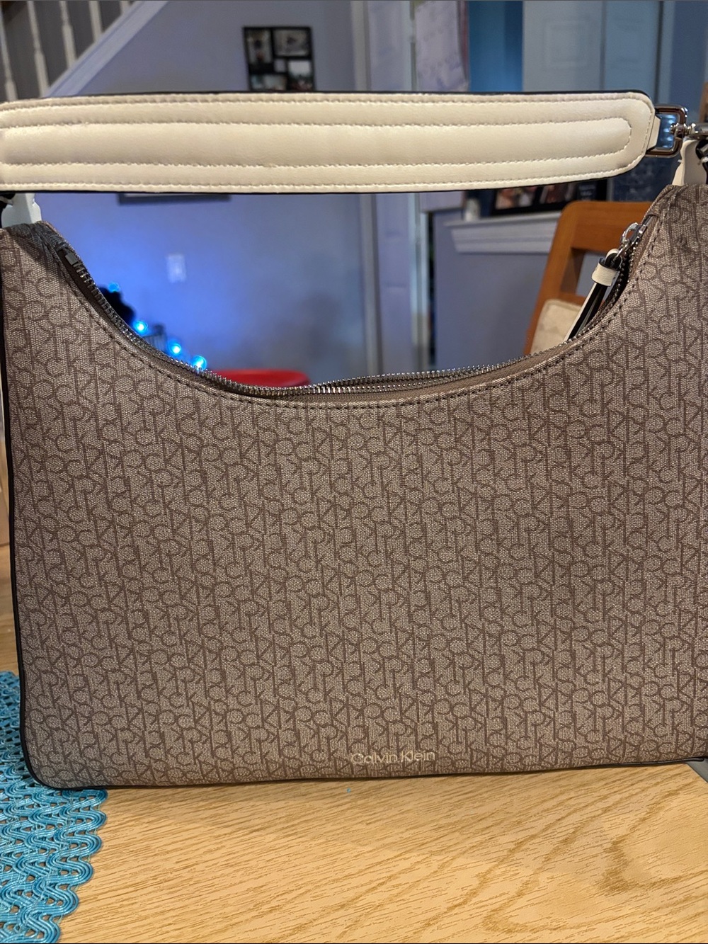 Calvin Klein Brown Monogram Shoulder Bag with Cream Handle